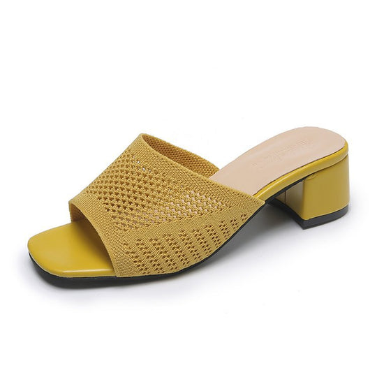 Damen nan gestrickte Sommermule mit niedrigem Blockabsatz und quadratischer Zehenform R&B