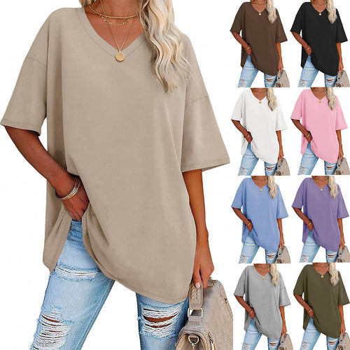 Damen Oversized T-Shirt mit V-Ausschnitt und seitlichen Schlitzen R&B