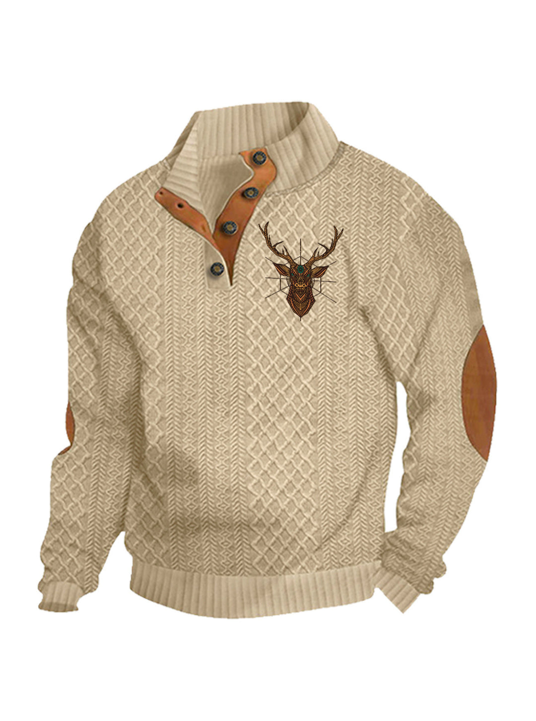 Herren nan Heritage-Strukturpullover mit Stehkragen Lederimitat-Besatz Ellenbogen-Patches und Halbknopfleiste R&B