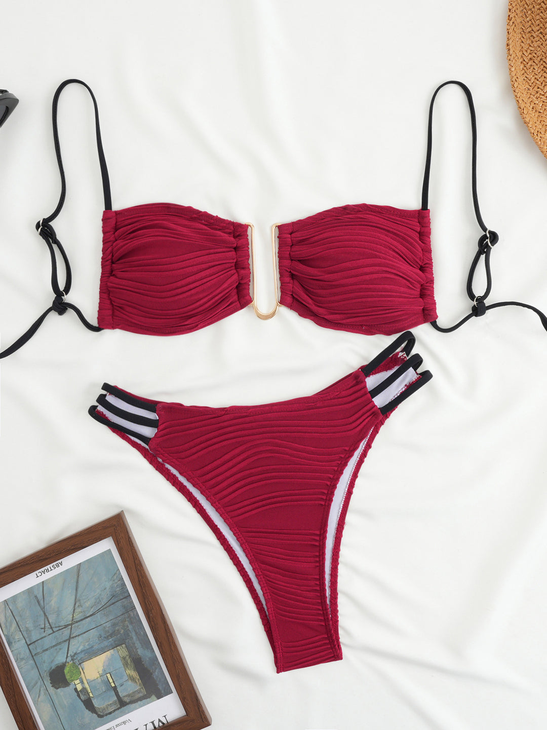 Damen Bandeau-Bikini mit raffiniertem Falten-Design und seitlichen Bindebändern R&B