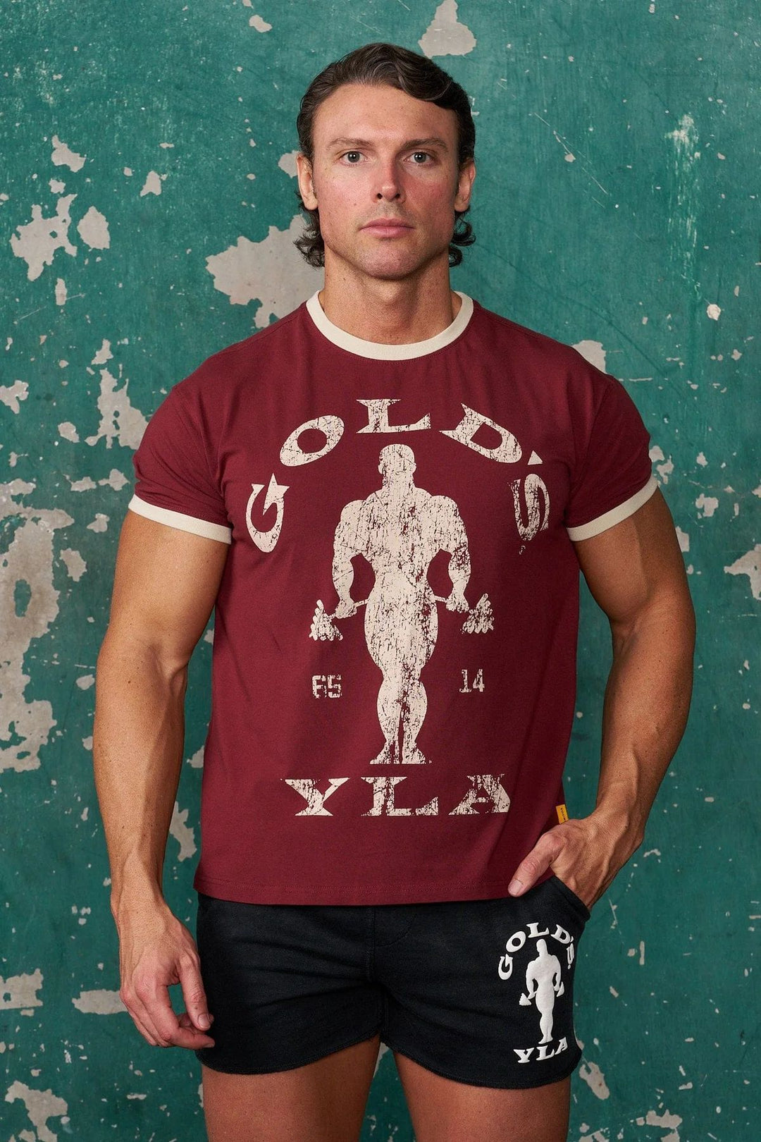 Herren nan Vintage Trainingsshirt mit Rundhalsausschnitt Kontrastbündchen und Retro-Bodybuilding-Druck R&B
