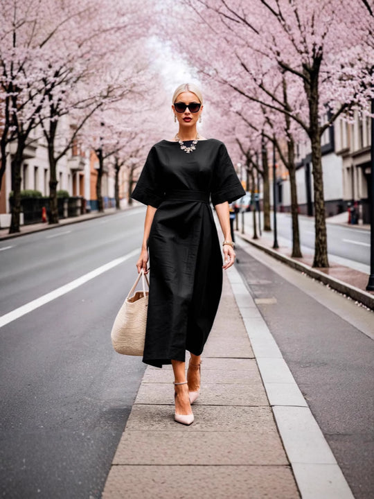 Damen elegantes Midikleid mit breitem Taillengürtel und weiten Ärmeln R&B