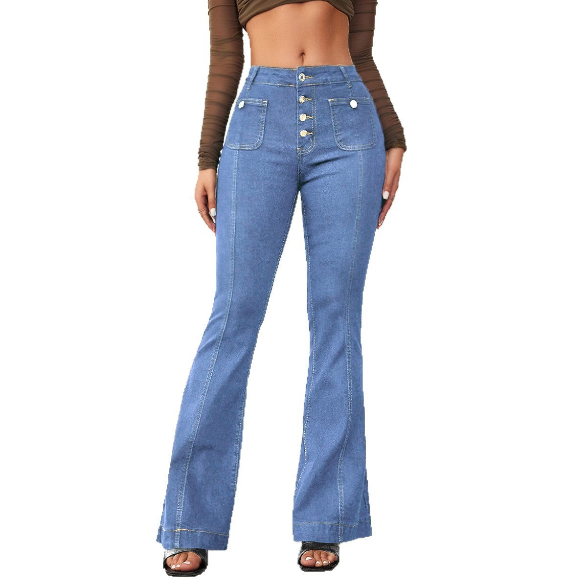 Damen Flared Jeans mit hohem Schnitt und eleganten Knopfdetails R&B