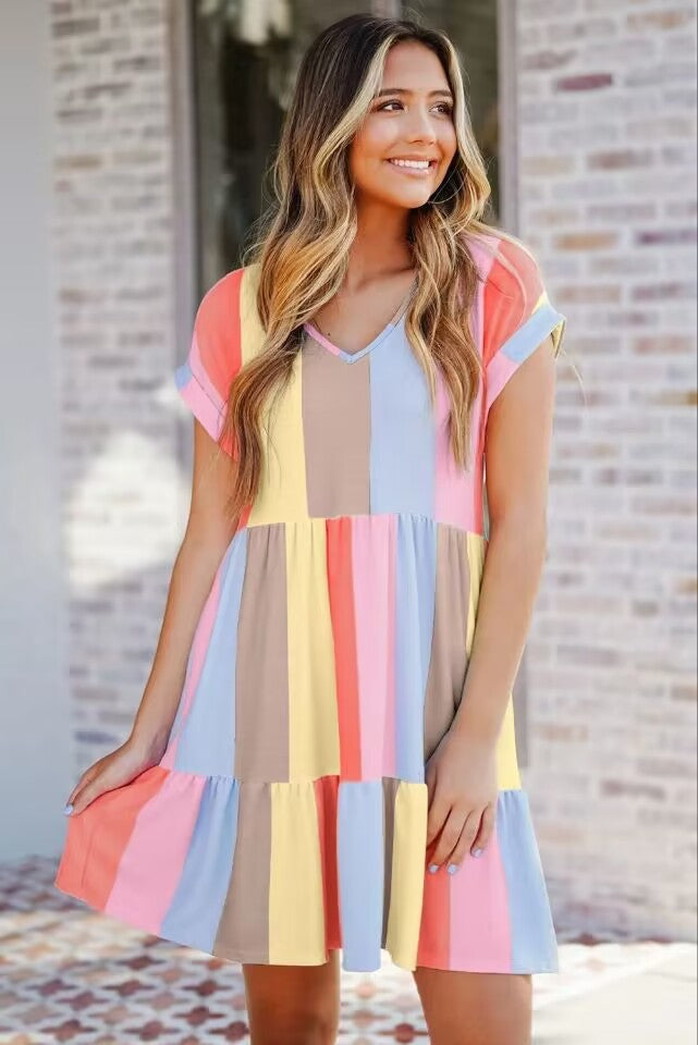 Damen lässiges Kurzarm Kleid mit buntem Streifenmuster R&B
