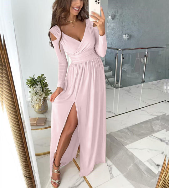Damen elegantes Maxikleid mit raffiniertem V-Ausschnitt und schickem Beinschlitz R&B