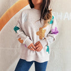 Damen Strickpullover mit bunten Funkelblumen R&B