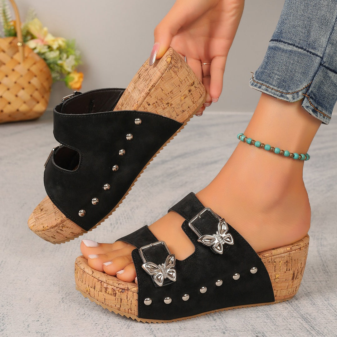 Damen Wedge-Pantoletten mit dekorativen Schnallen und elegantem Korkabsatz R&B