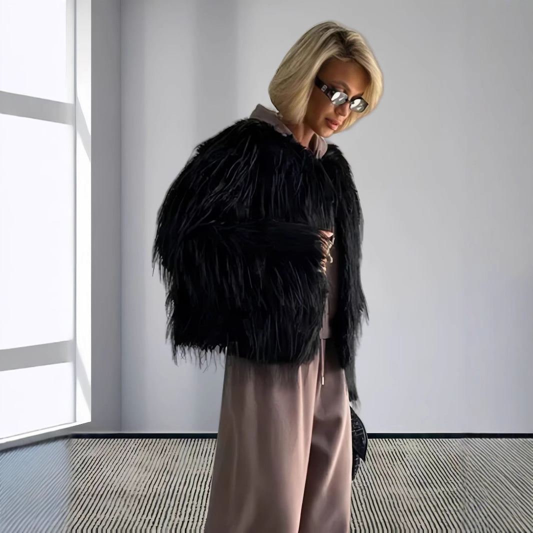 Damen Modische Kunstpelzjacke mit voluminösen Ärmeln R&B