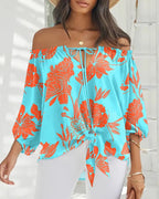 Damen Off-Shoulder Bluse mit floralem Design und Bindegürtel R&B