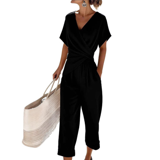 Damen Eleganter Jumpsuit mit Wickeloptik und breiten Beinen R&B