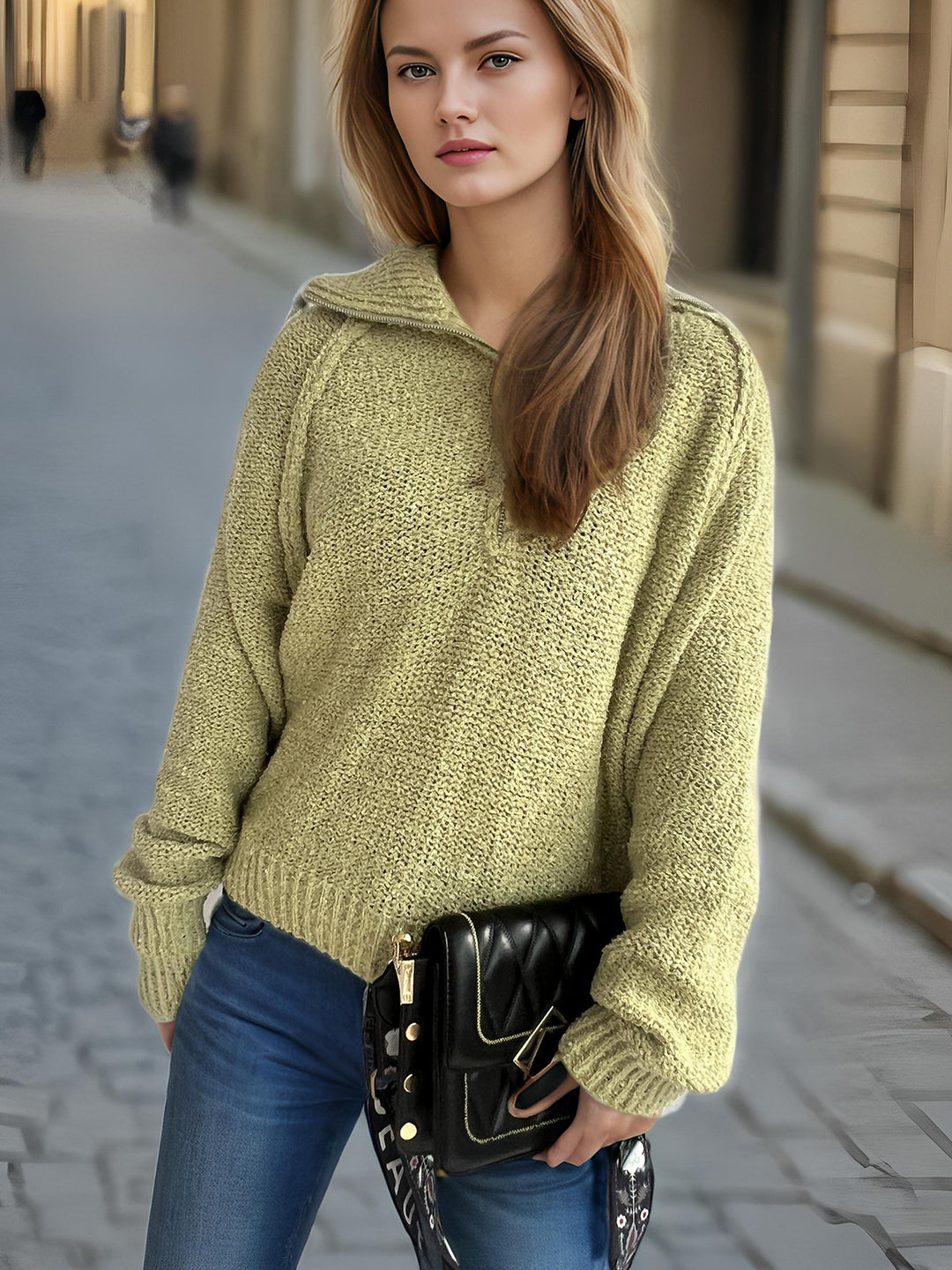 Damen lässiger Zip-Pullover mit oversized Schnitt und hohem Kragen R&B