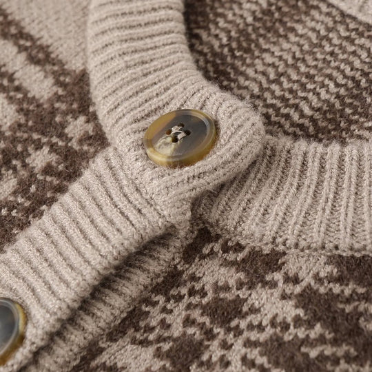 Damen Karierte Strickjacke mit Knopfleiste und Rundhalsausschnitt R&B