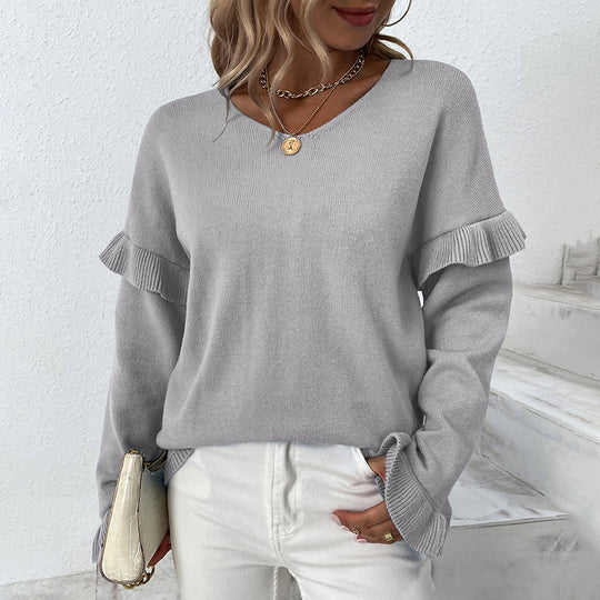 Damen eleganter Pullover mit Rüschendetails und V-Ausschnitt R&B