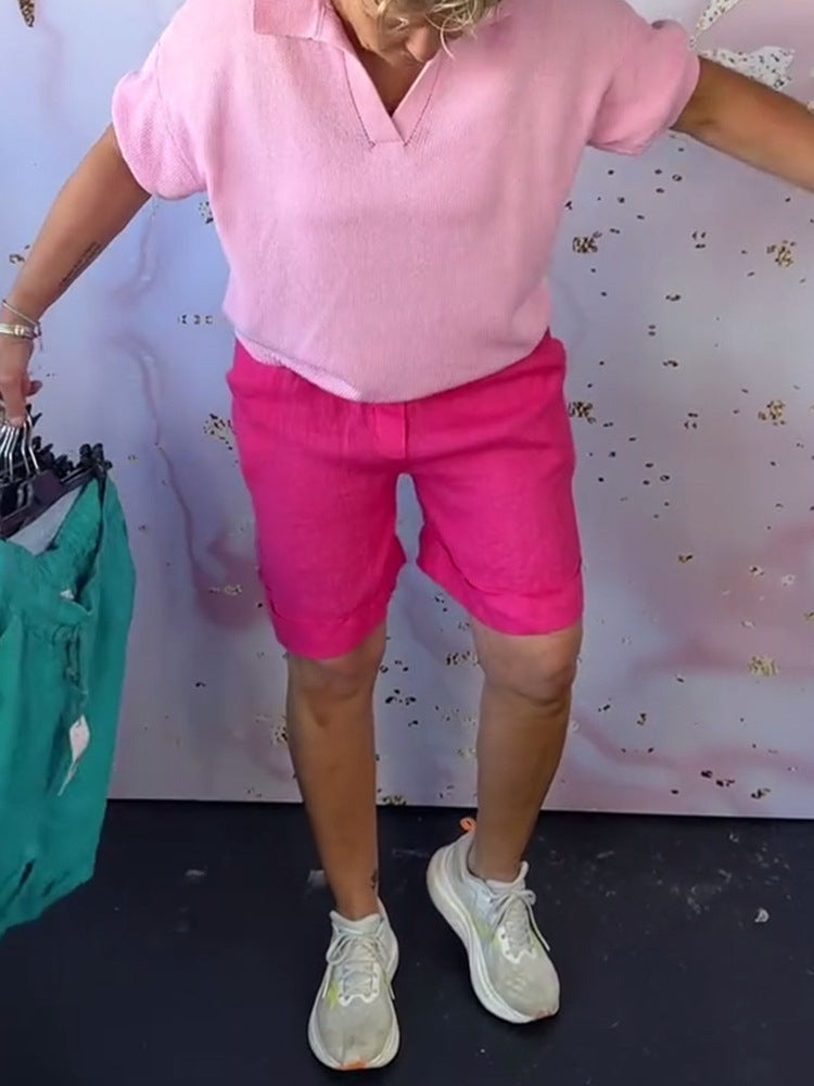 Damen lässige Leinenbluse mit V-Ausschnitt und praktischen Seitentaschen Heidi-Mode