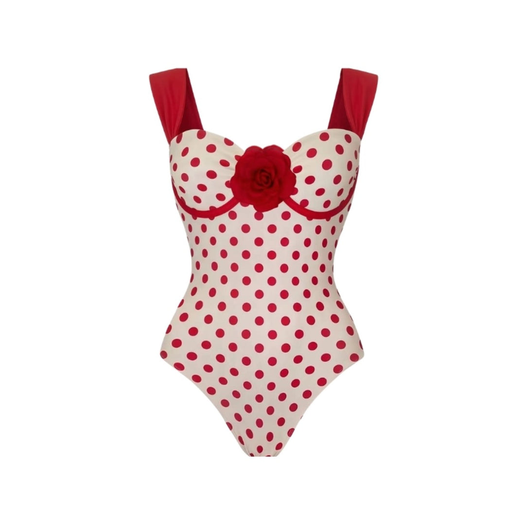 Damen Schwimmanzug mit verspieltem Punktmuster und dekorativer Rosenapplikation R&B
