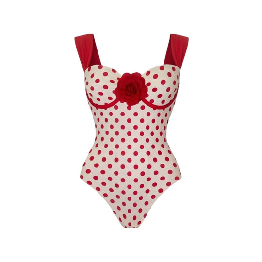 Damen Schwimmanzug mit verspieltem Punktmuster und dekorativer Rosenapplikation R&B