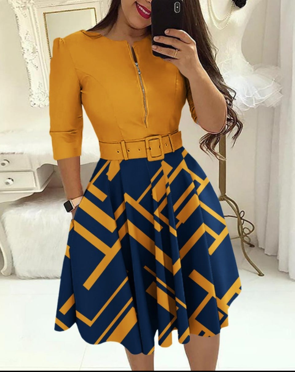Damen Midikleid mit geometrischem Schnitt und tailliertem Gürtel R&B