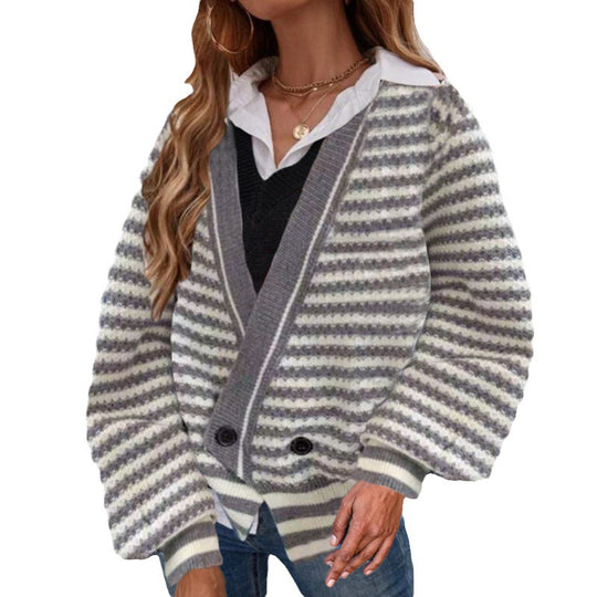 Damen Grobstrick Cardigan mit V-Ausschnitt und modernen Streifen R&B