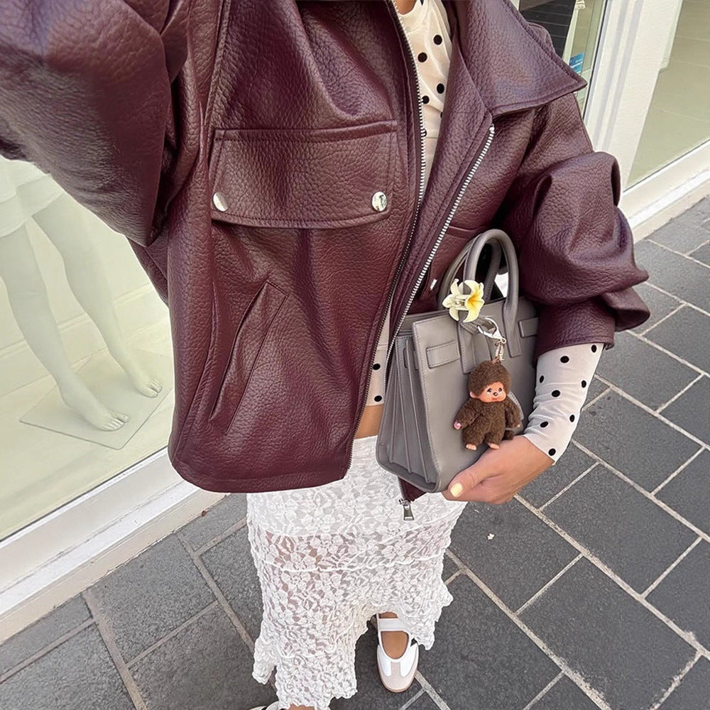 Damen lässige cropped Kunstlederjacke mit voluminösen Ärmeln R&B