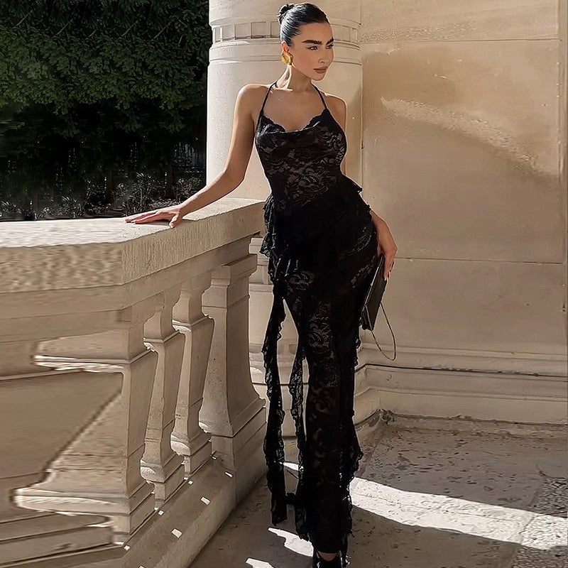 Damen Elegantes Abendkleid mit feiner Spitze und Rüschendetails R&B