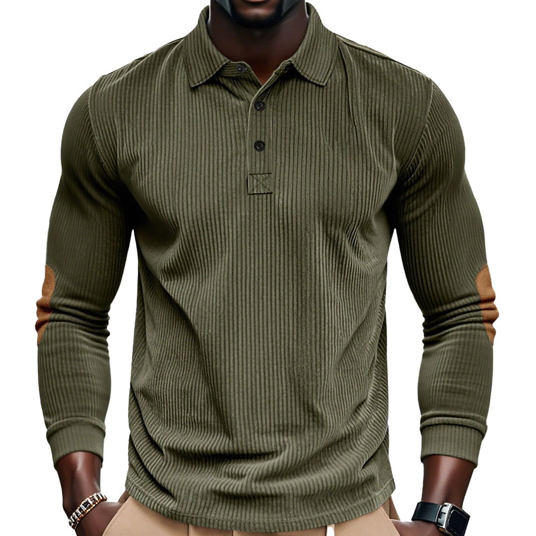 Herren nan geripptes Langarm-Poloshirt mit Henley-Knopfleiste und veloursähnlichen Ellbogenpatches R&B