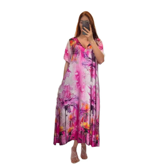 Damen nan fließendes Maxi-Kaftankleid mit V-Ausschnitt und großflächigem Aquarell-Blumenprint R&B