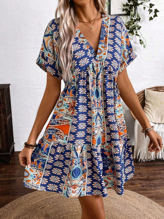 Damen luftiges Sommerkleid mit V-Ausschnitt und Volant R&B