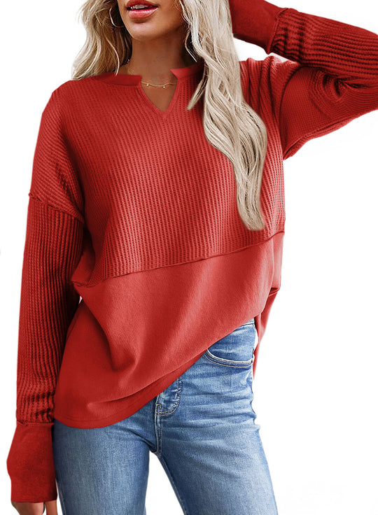 Damen lässiger Knit-Pullover mit V-Ausschnitt und Struktur R&B