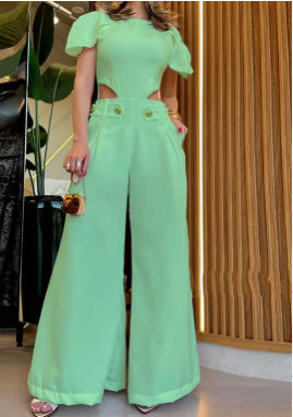 Damen Eleganter Jumpsuit mit Cut-Out und voluminösen Ärmeln R&B