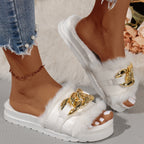 Damen Slide-Sandalen mit modischem Pelzbesatz und auffälliger Kettenapplikation R&B
