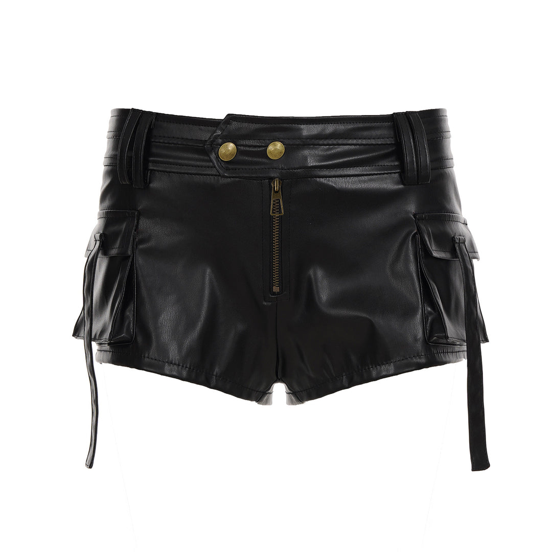Damen Kunstleder-Shorts mit dekorativen Knopfdetails R&B
