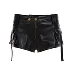 Damen Kunstleder-Shorts mit dekorativen Knopfdetails R&B