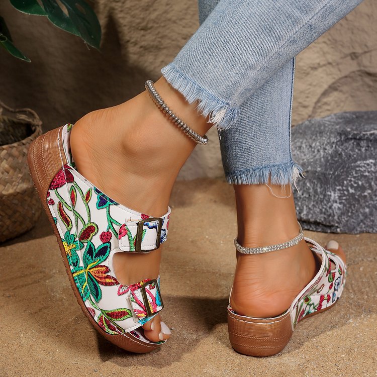 Damen komfortable Sandalen mit floralem Print und verstellbaren Riemen