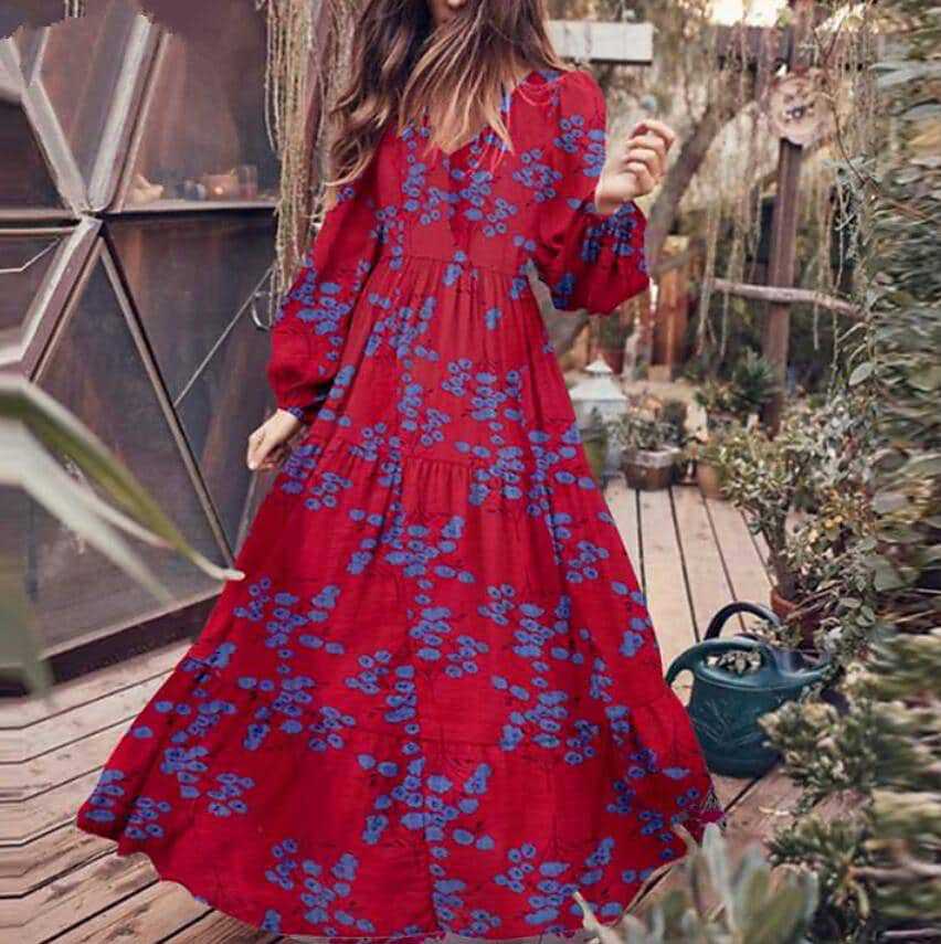 Damen Boho-Langarmkleid mit floralen Akzenten und schwingendem Saum R&B