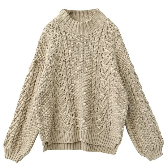 Damen Grobstrickpullover mit hohem Kragen und Zopfmuster R&B