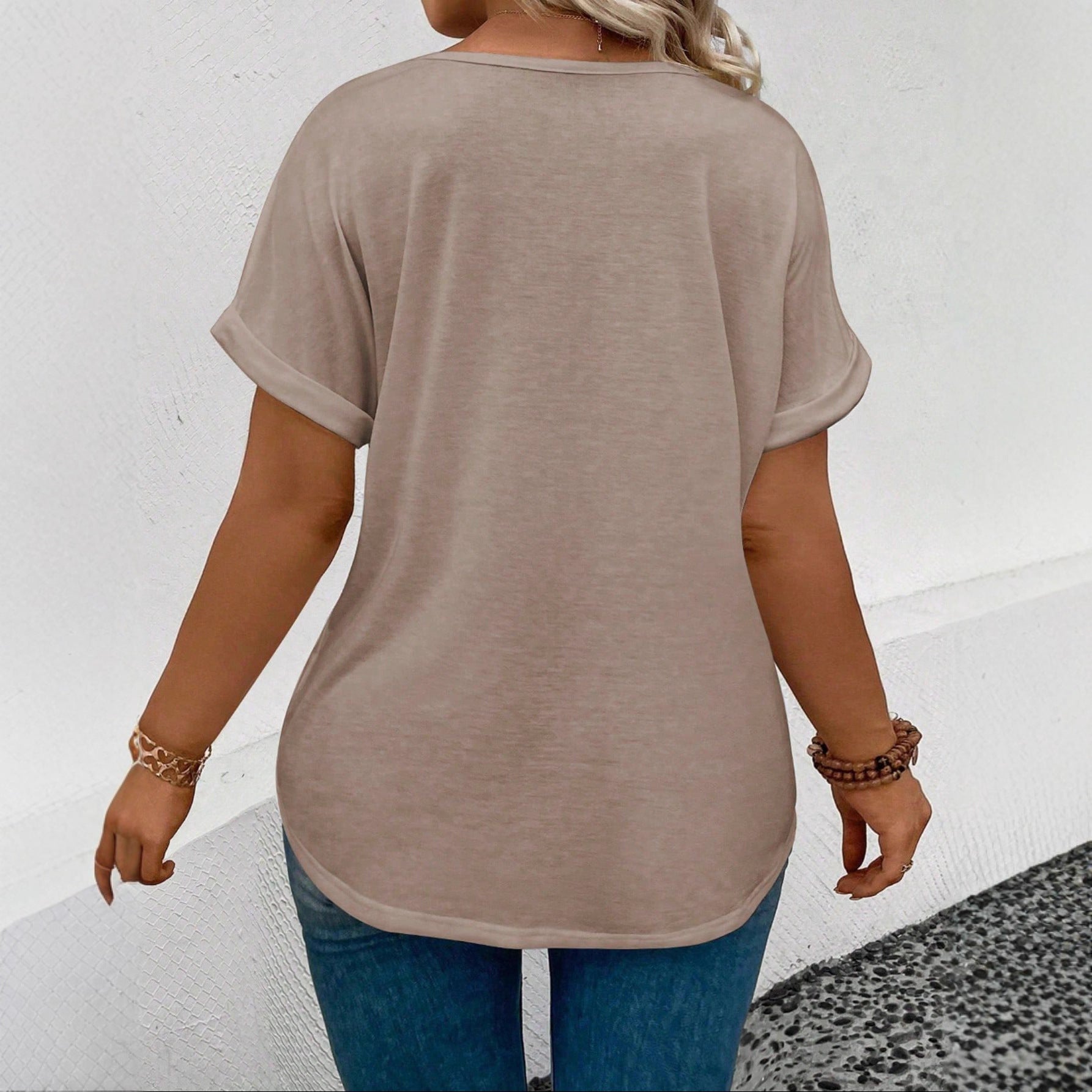 Damen lässiges V-Ausschnitt T-Shirt mit Herz-Zierdruck R&B