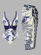 Damen Einteiliger Badeanzug mit floralem Design und elegantem Wickelrock R&B