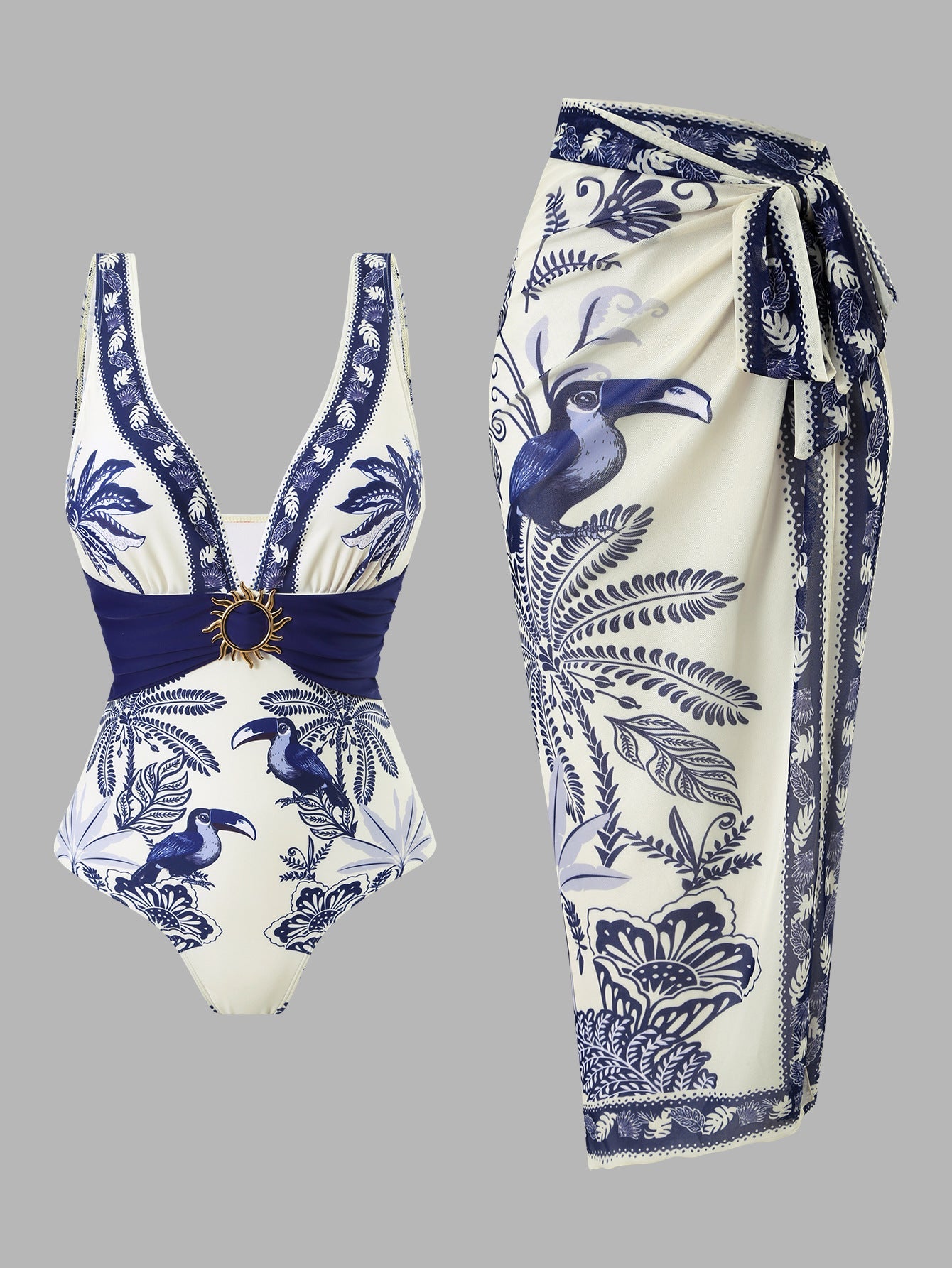 Damen Einteiliger Badeanzug mit floralem Design und elegantem Wickelrock R&B
