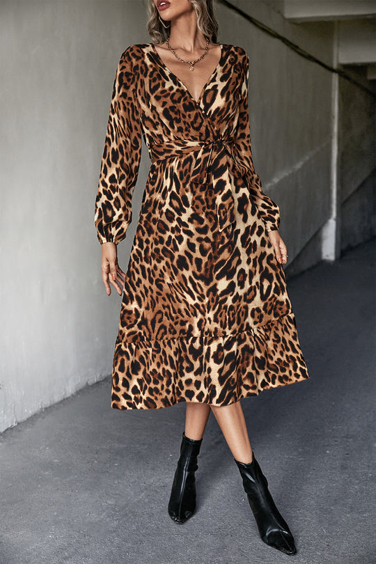 Damen Wickelkleid im modischen Leopardenmuster mit elastischem Taillengürtel R&B