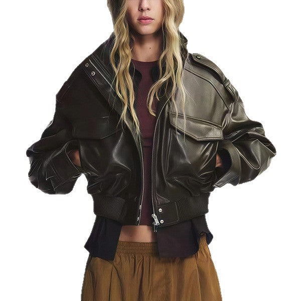 Damen Kunstlederjacke im urbanen Stil mit Stehkragen und praktischen Taschen R&B