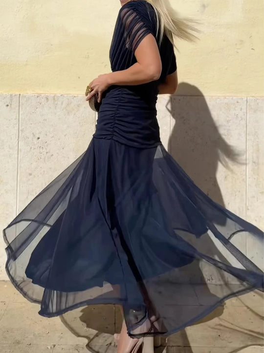 Damen nan fließendes Abendkleid mit transparentem Chiffon-Capelet, V-Ausschnitt und taillierter Drapierung R&B