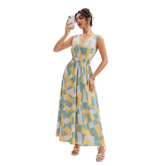 Damen Maxikleid mit tiefem V-Ausschnitt und modischem geometrischen Muster R&B