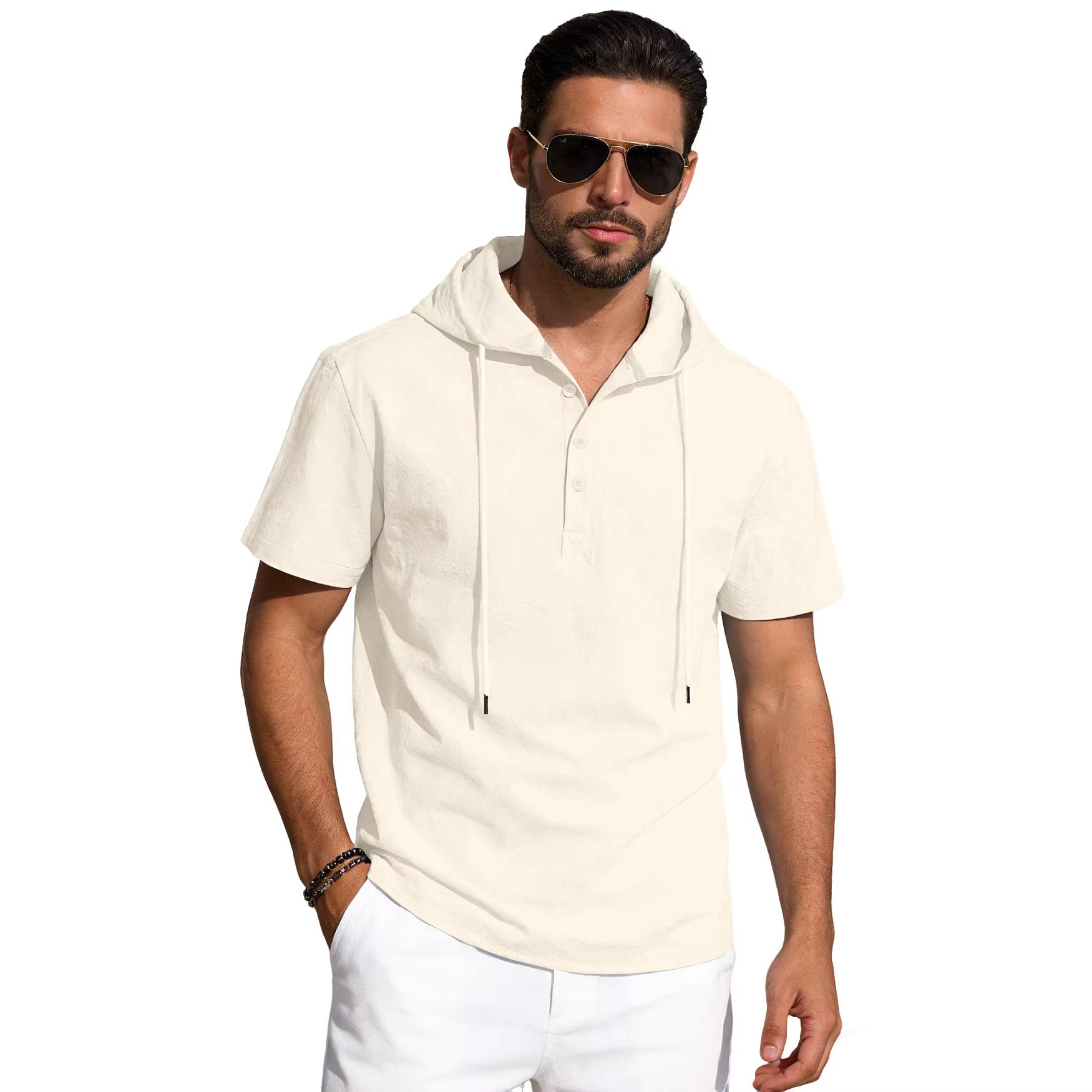 Herren nan kurzärmeliges Kapuzen-Henley aus Slub-Baumwolle mit verdeckter Knopfleiste und Kordelzug R&B