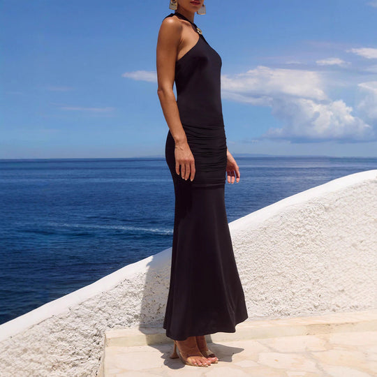 Damen Elegantes Maxi-Kleid mit sphärischem Halterneck und raffinierter Raffung R&B
