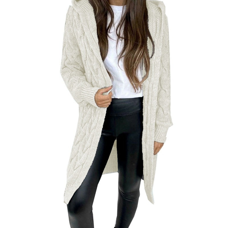 Damen Langer Strickmantel mit strukturiertem Zopfdesign und praktischer Kapuze R&B
