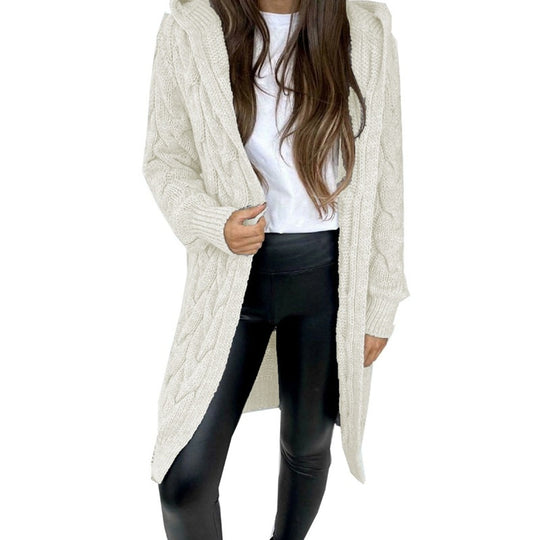 Damen lange Strickjacke mit Kapuze und Zopfdesign R&B