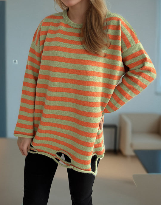 Damen lässiger Oversize-Pullover mit breiten Streifen R&B
