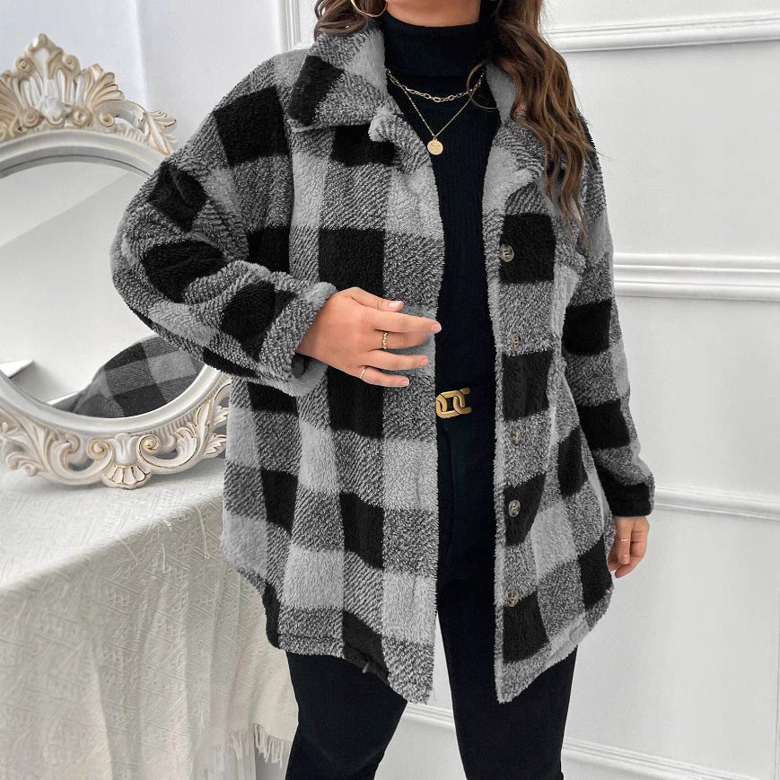 Damen kuschelige Karojacke mit Knopfverschluss und oversized Schnitt