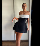 R&B | Ein-Wort-Schulter schwarz-weißes Kleid mit kontrastierender Schleife