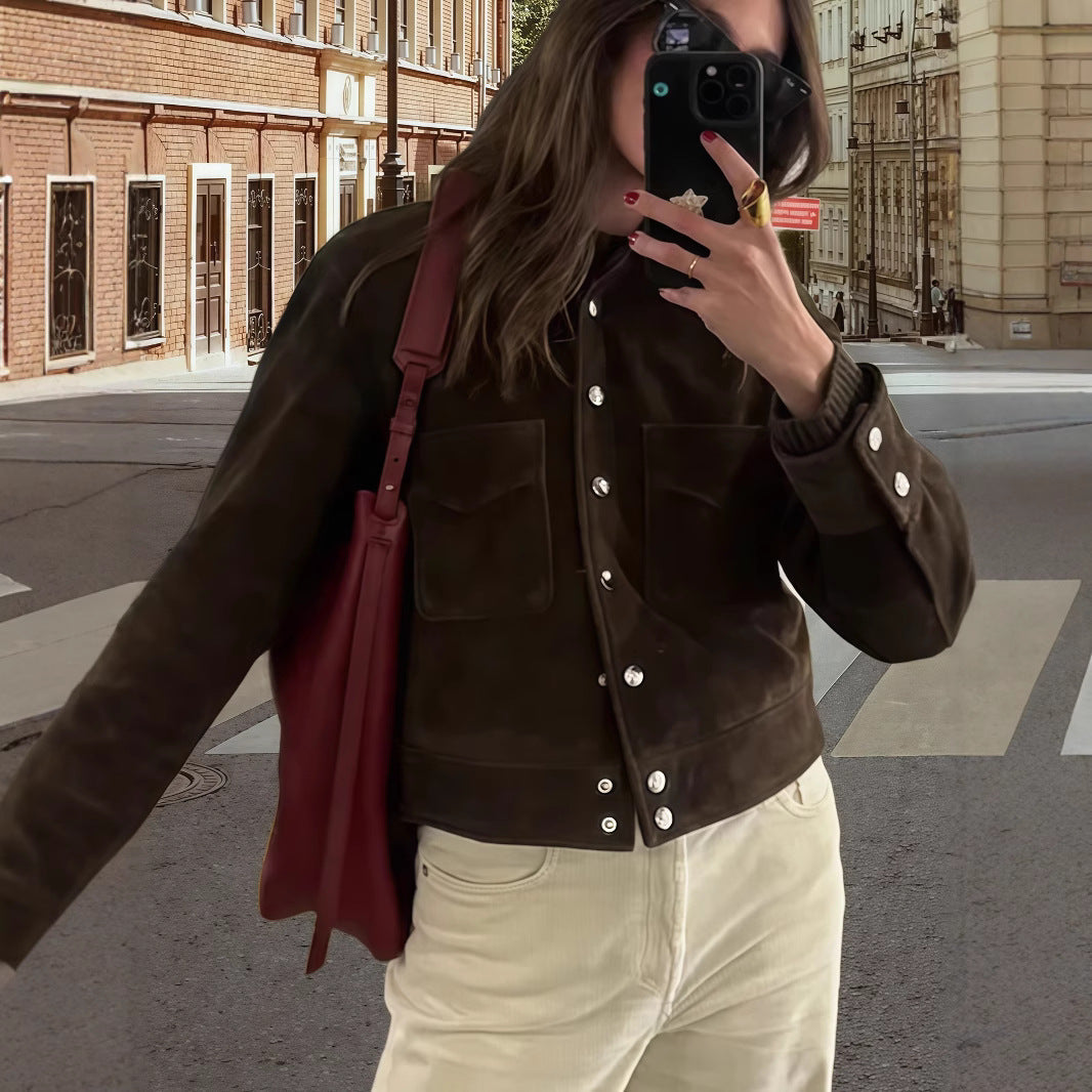 Damen Modische Wildlederjacke mit strukturiertem Design und praktischen Taschen R&B